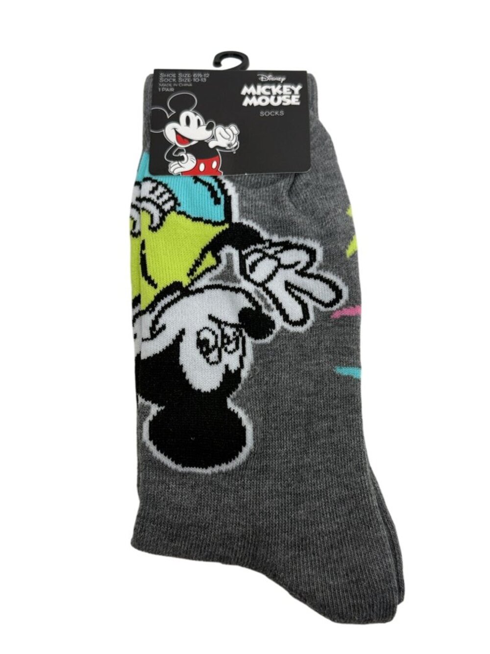Disney Mickey Mouse Gray Crew Socks Neon Character Adult NWT